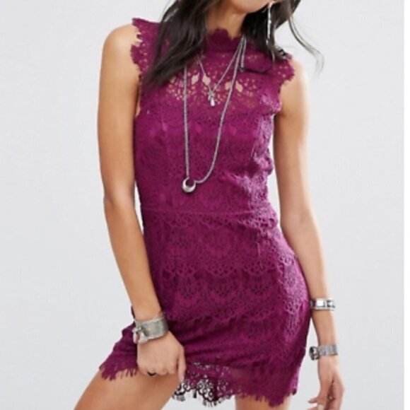 Free People Body Con Lace Open Back Magenta Purple Witchy Dress sz M - Picture 2 of 13